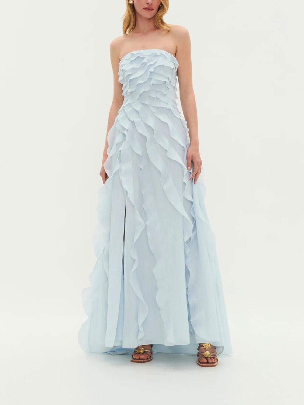 AJE. Allairie strapless ruffled shirred faille gown—Light blue